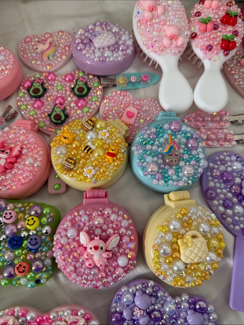 Cute Beaded Pocket Mirror Set - Pastel Pink, Yellow, Blue, Purple